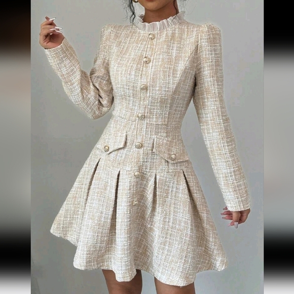 Dresses & Skirts - Women's Stand Collar Front Button Pleated Elegant Long Sleeve Dress,Elegant